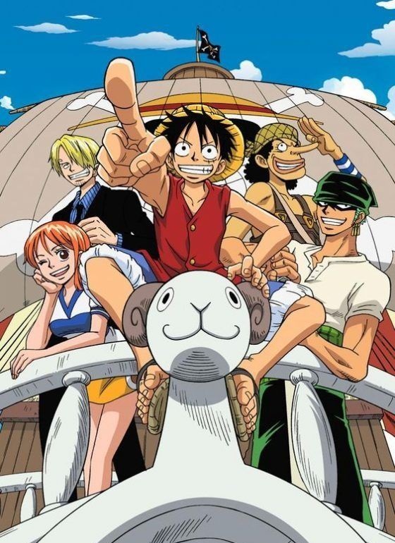 One Piece, featuring Nami, Sanji, Luffy, Usopp, and Zoro, all aboard their ship.